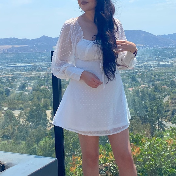 White Dobby Square Neck Long Sleeve Dress - Picture 2 of 2